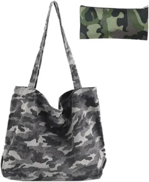 Shoulder Bag for Women Large Carry Handles Cute Camouflage Sling Tote Boho with Cosmetics Makeup Bag