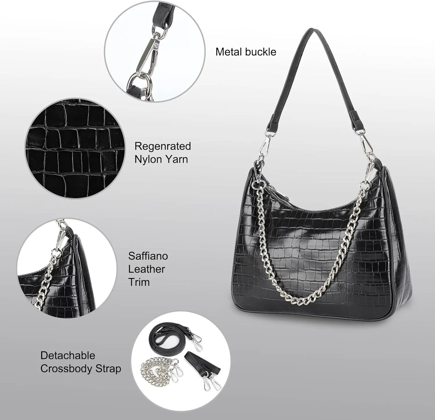 Shoulder Bags for Women, Trendy Crocodile Handbag Purses, Women’s Leather Crossbody Bag with Adjustable Straps/Chain