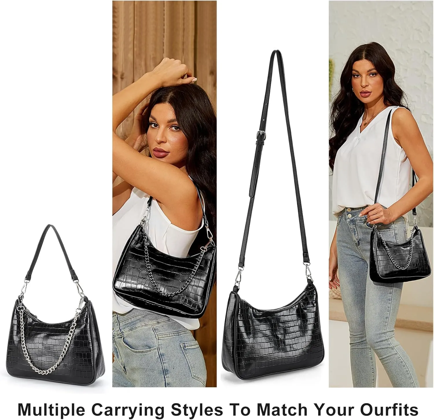 Shoulder Bags for Women, Trendy Crocodile Handbag Purses, Women’s Leather Crossbody Bag with Adjustable Straps/Chain