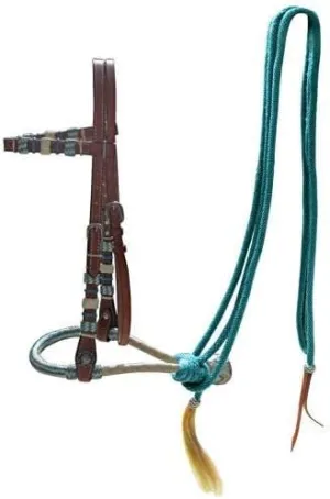 Showman Leather Bosal Headstall w/Teal Rawhide Braided Bosal & Mecate Reins