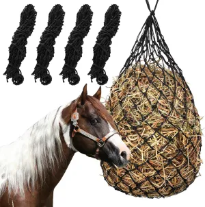 SHUESSS 4 PCS Slow Feed Hay Net, Hanging Horse Feed Net, 40 Inch Length with 2 Inch Holes, Hay Bag Hay Net for Horses, Hanging Hay Feeder for Goats, Reduce Waste, Black