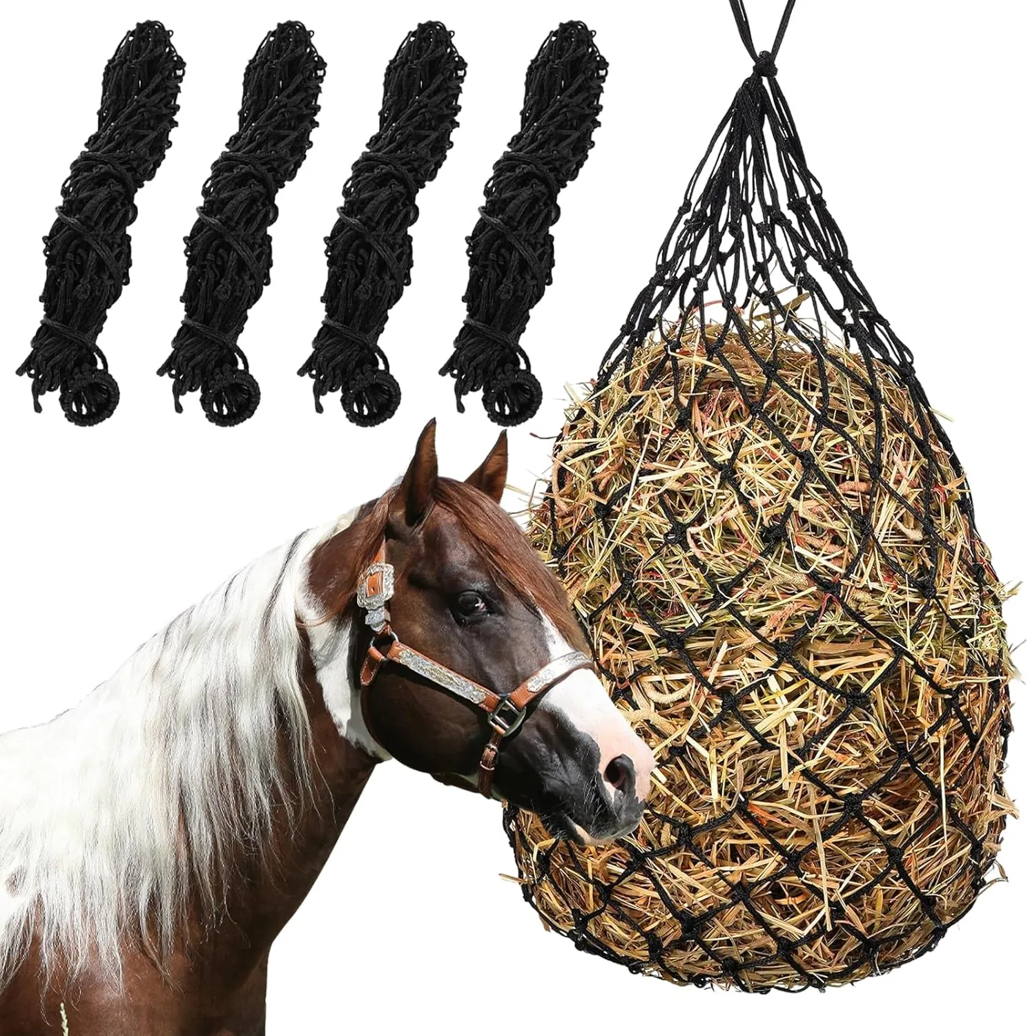 SHUESSS 4 PCS Slow Feed Hay Net, Hanging Horse Feed Net, 40 Inch Length with 2 Inch Holes, Hay Bag Hay Net for Horses, Hanging Hay Feeder for Goats, Reduce Waste, Black
