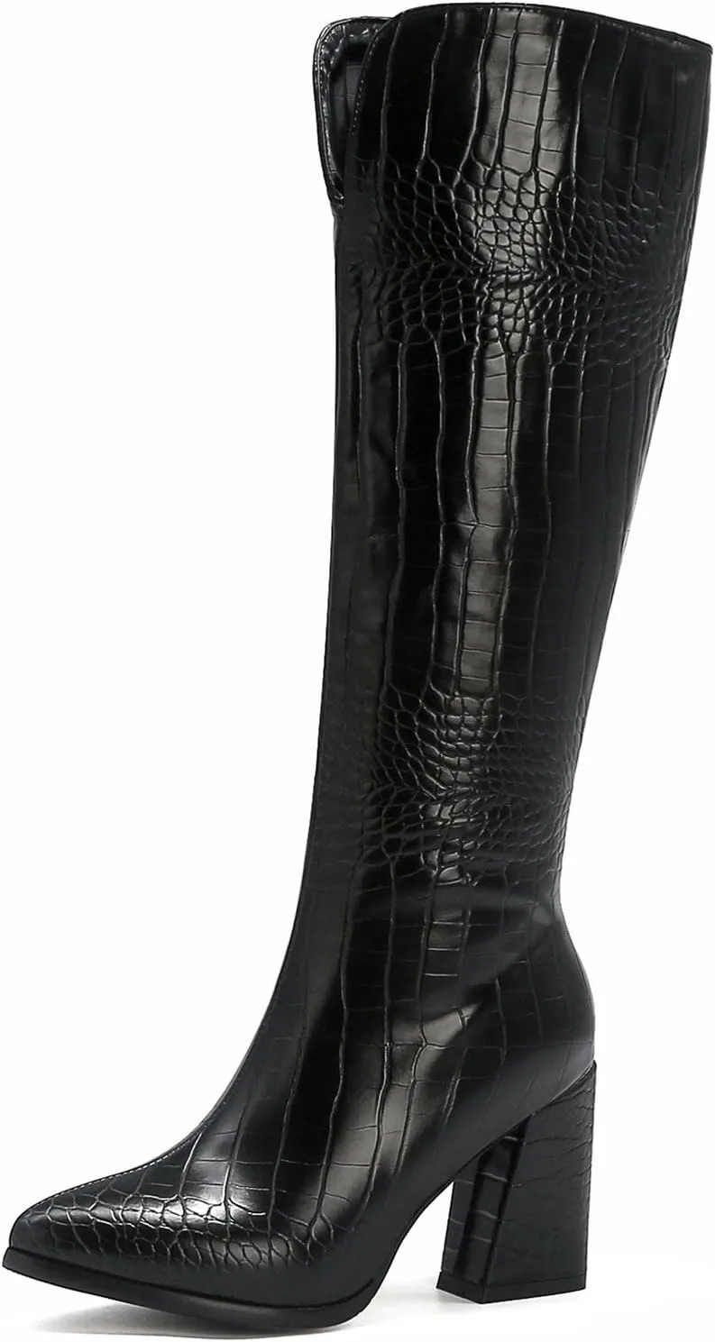 SIFINELAR Women Fashion Chunky Heel Knee High Boots Crocodile Pattern Pointed Toe Side Zipper Boots Shoes