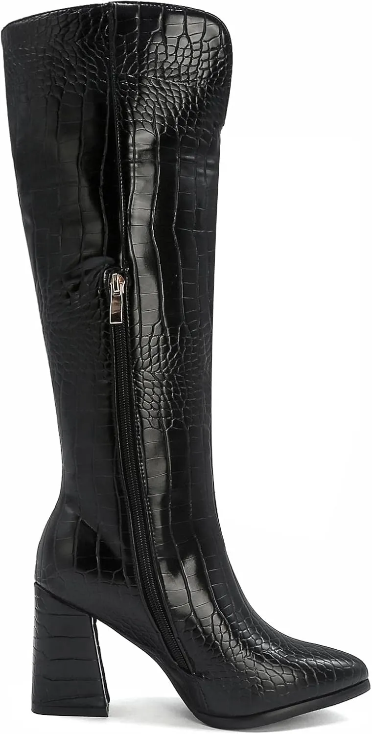 SIFINELAR Women Fashion Chunky Heel Knee High Boots Crocodile Pattern Pointed Toe Side Zipper Boots Shoes