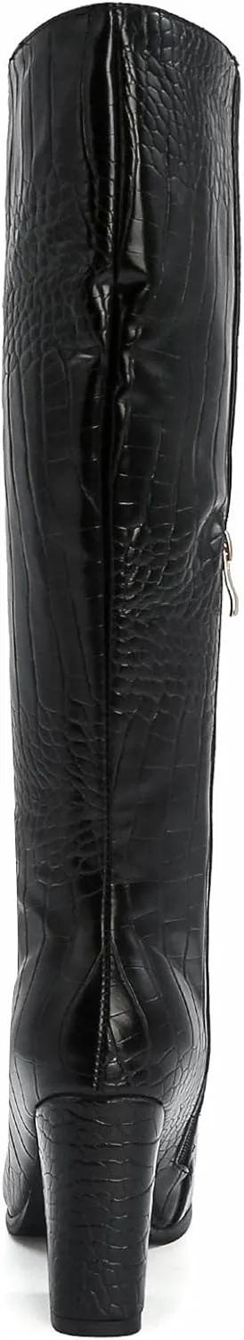 SIFINELAR Women Fashion Chunky Heel Knee High Boots Crocodile Pattern Pointed Toe Side Zipper Boots Shoes