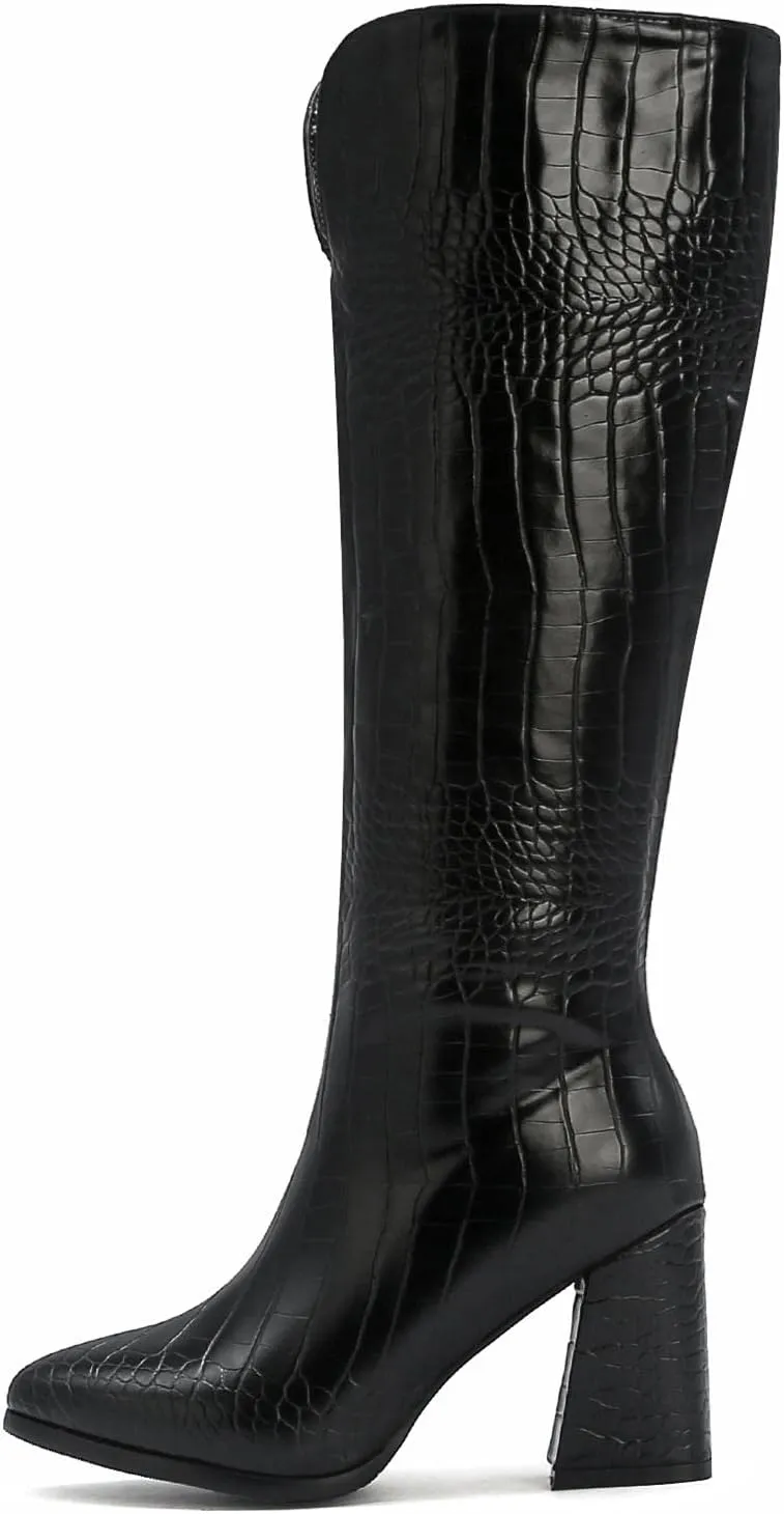 SIFINELAR Women Fashion Chunky Heel Knee High Boots Crocodile Pattern Pointed Toe Side Zipper Boots Shoes
