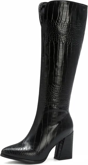 SIFINELAR Women Fashion Chunky Heel Knee High Boots Crocodile Pattern Pointed Toe Side Zipper Boots Shoes