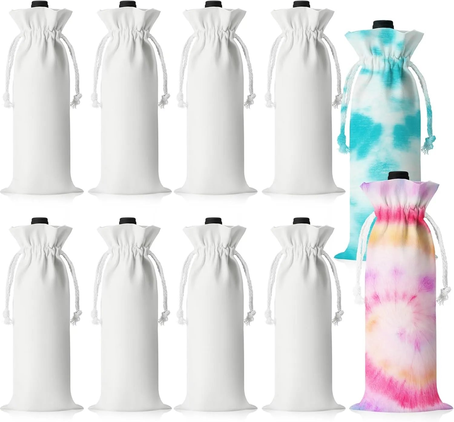 Silkfly 10 Set White Cotton Wine Bottle Bags for Tie Dye Kit, Items Things to Tie Dye, Bulk Blank Wine Bottle Gift Bags with Drawstrings for DIY Birthday Wedding Party Supplies