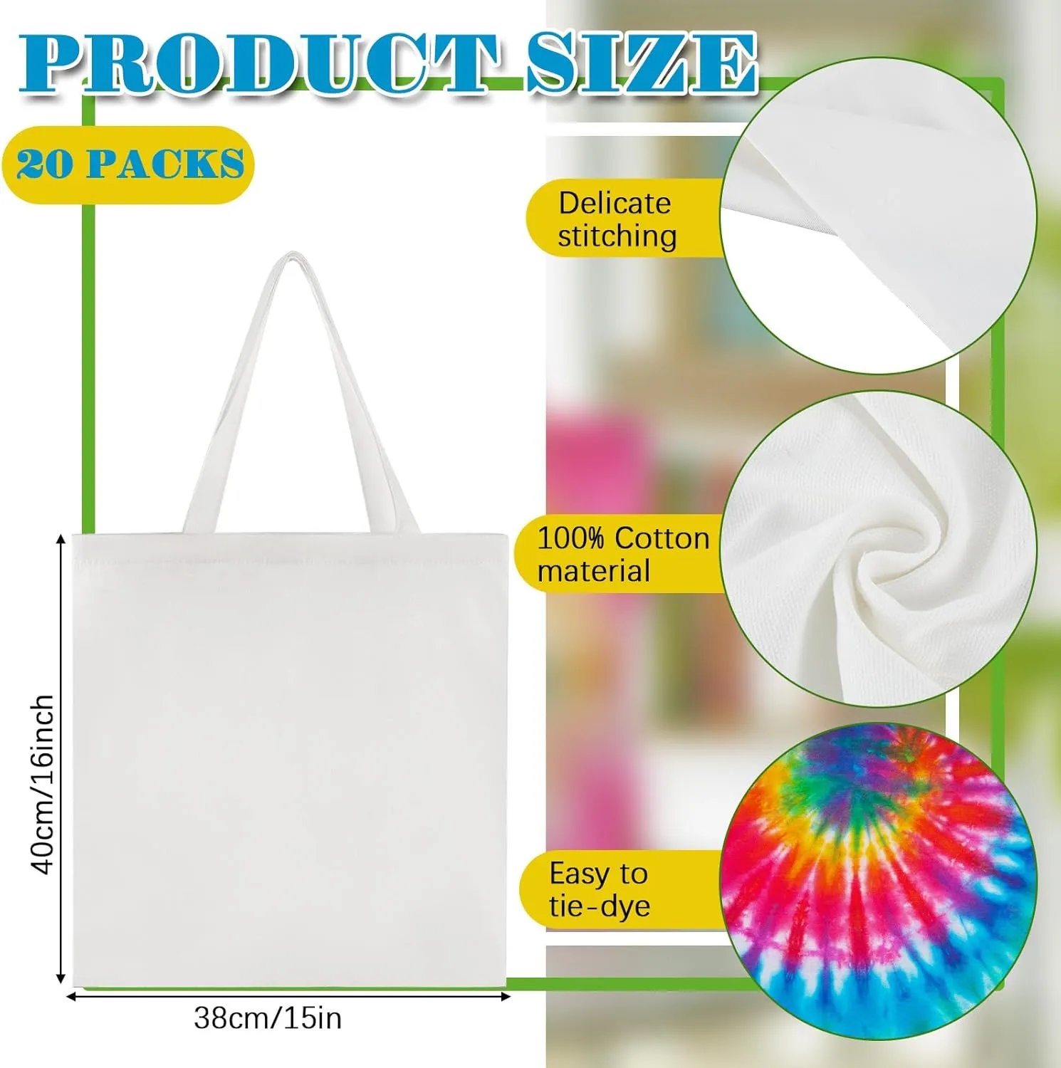 Silkfly 20 Pcs Cotton Tote Bags Bulk for Tie Dying Bohemia Tie Dye Blank Grocery Shopping Cloth Bag Multi Purpose Bags(15 x 16 Inch)