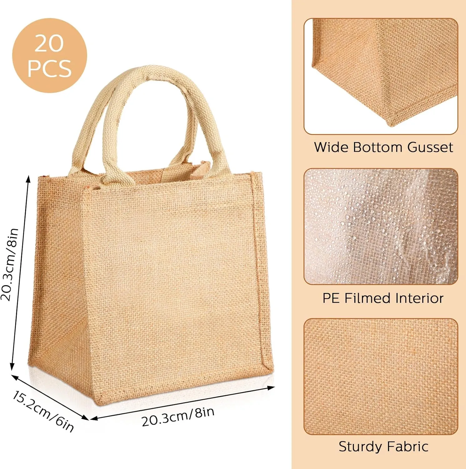 Silkfly 20 Pcs Mini Burlap Jute Tote Bags with Handle Small Blank Reusable Market Grocery Bags for Teacher Bridesmaids Wedding Gift Shopping DIY Travel Beach Thanksgiving Christmas(8 x 8 x 6 in)