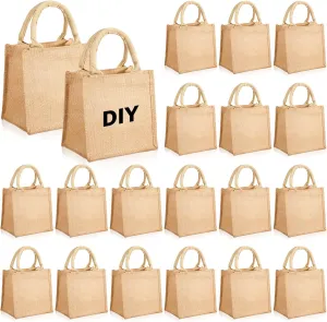 Silkfly 20 Pcs Mini Burlap Jute Tote Bags with Handle Small Blank Reusable Market Grocery Bags for Teacher Bridesmaids Wedding Gift Shopping DIY Travel Beach Thanksgiving Christmas(8 x 8 x 6 in)
