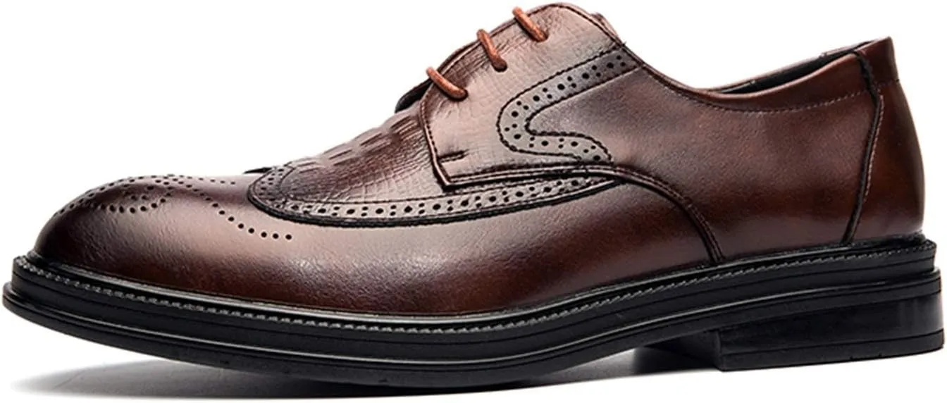 Single Season Dress Shoes for Men Lace Up Round Burnished Toe Crocodile Embossed Brogues Wingtips PU Leather Low Top Block Heel Slip Resistant Anti-Slip Non Slip Very Popular Among Young