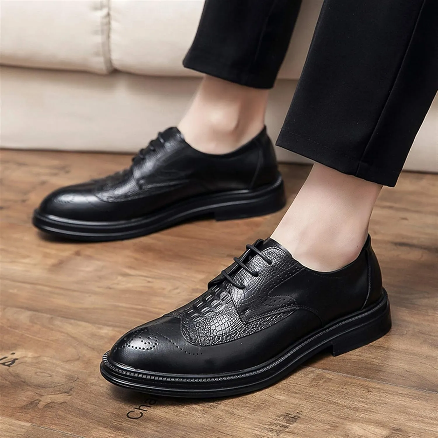 Single Season Dress Shoes for Men Lace Up Round Burnished Toe Crocodile Embossed Brogues Wingtips PU Leather Low Top Block Heel Slip Resistant Anti-Slip Non Slip Very Popular Among Young