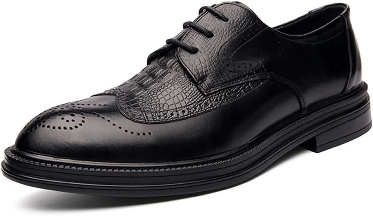 Single Season Dress Shoes for Men Lace Up Round Burnished Toe Crocodile Embossed Brogues Wingtips PU Leather Low Top Block Heel Slip Resistant Anti-Slip Non Slip Very Popular Among Young