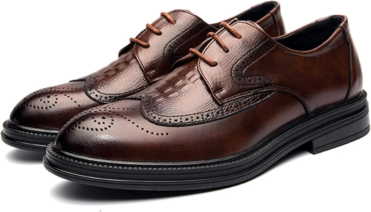 Single Season Dress Shoes for Men Lace Up Round Burnished Toe Crocodile Embossed Brogues Wingtips PU Leather Low Top Block Heel Slip Resistant Anti-Slip Non Slip Very Popular Among Young