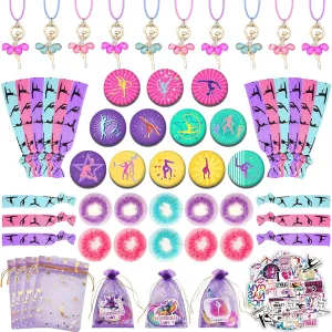 SKYCOOOOL 102 PCS Gymnastics Party Favors, Gymnastics Necklace Goodie Bags with Hair Ties, Button Pins, Bags, Reusable Bun Hair Nets and Stickers for Gymnastics Theme Birthday Party Supplies
