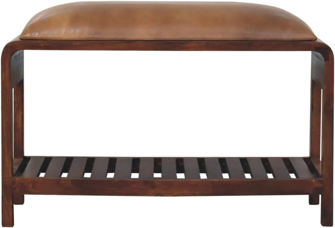 Sleek Hallway Bench for Footwear Storage, Upholstered Leather Seat and Slatted Wood Shelf, Brown