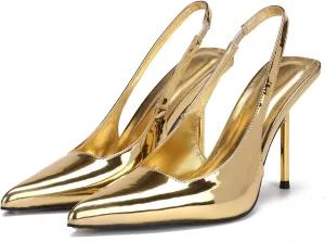 Slingback Stiletto Heels for Women Pointed Toe Slip On Patent Leather Pumps Backless Stretch Strap Dress High Heels