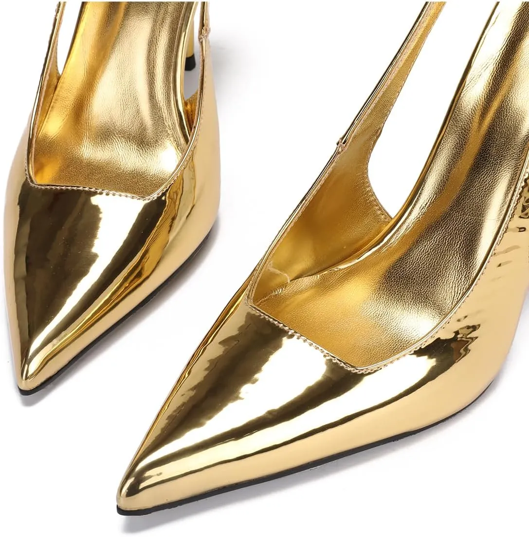 Slingback Stiletto Heels for Women Pointed Toe Slip On Patent Leather Pumps Backless Stretch Strap Dress High Heels