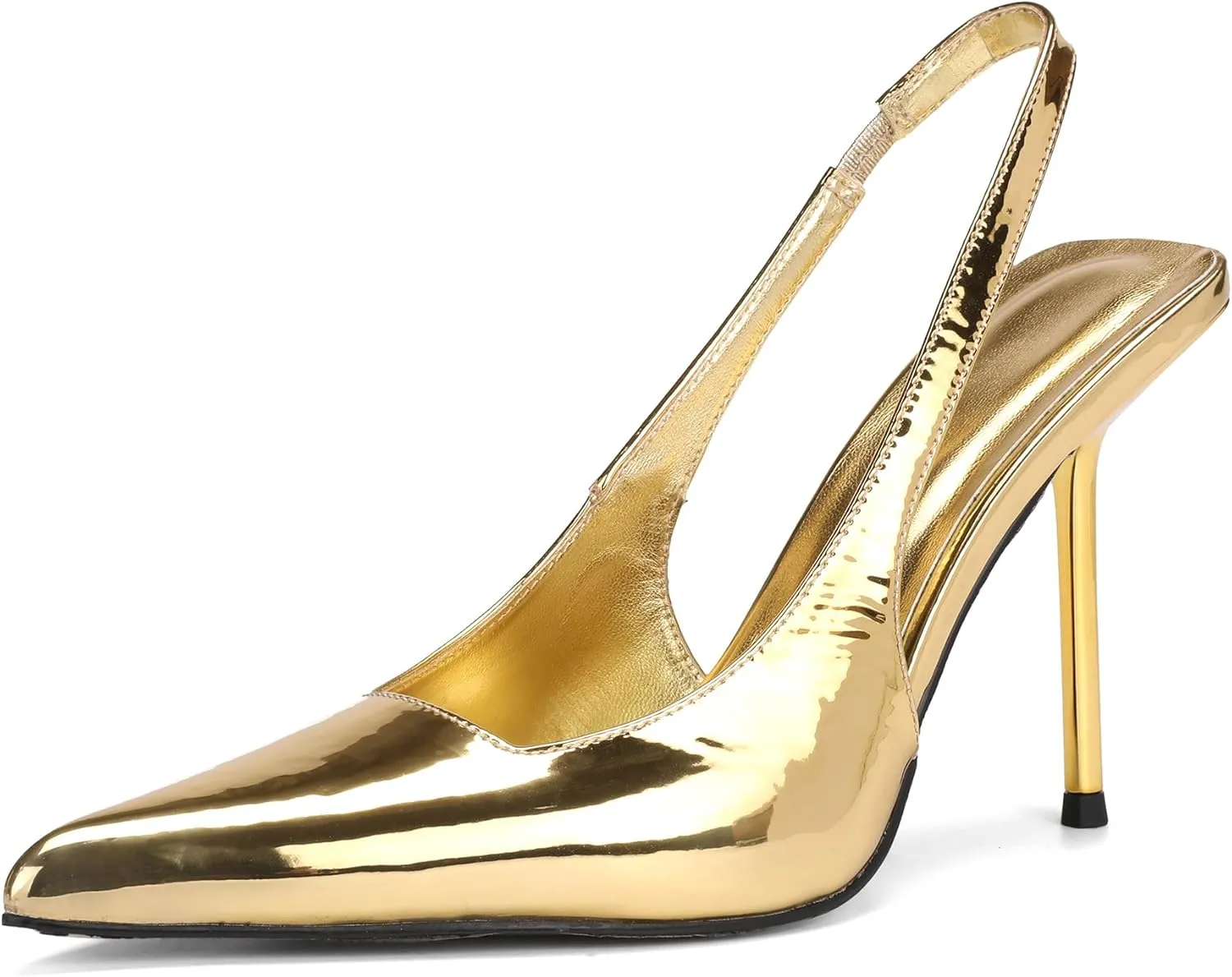 Slingback Stiletto Heels for Women Pointed Toe Slip On Patent Leather Pumps Backless Stretch Strap Dress High Heels