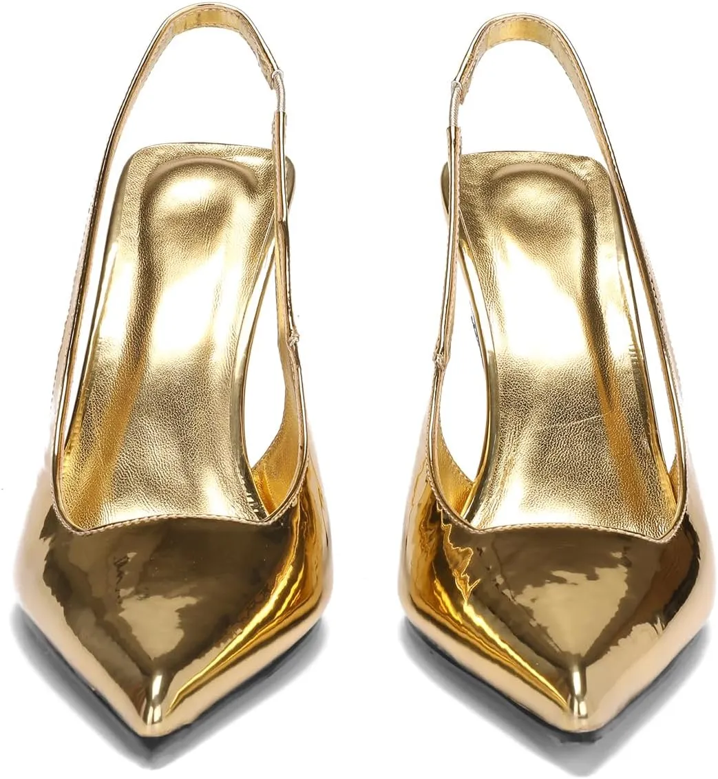 Slingback Stiletto Heels for Women Pointed Toe Slip On Patent Leather Pumps Backless Stretch Strap Dress High Heels