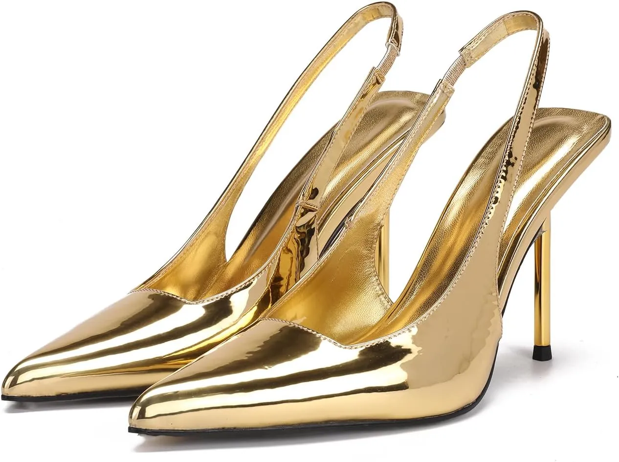 Slingback Stiletto Heels for Women Pointed Toe Slip On Patent Leather Pumps Backless Stretch Strap Dress High Heels