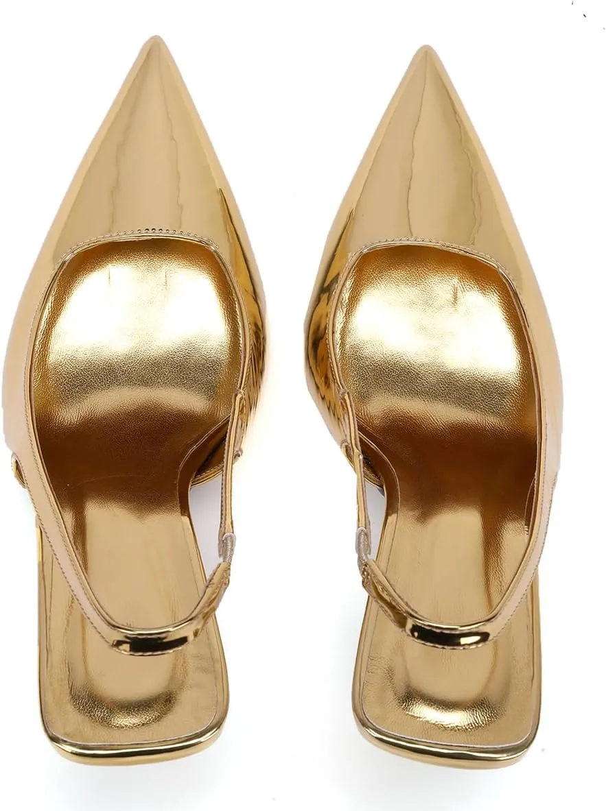 Slingback Stiletto Heels for Women Pointed Toe Slip On Patent Leather Pumps Backless Stretch Strap Dress High Heels