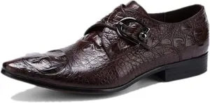 Slip On Monk Strap Work for Men Oxford ShoesGenuine Leather Crocodile Embossed Pointed Toe Block Heel Solid Color