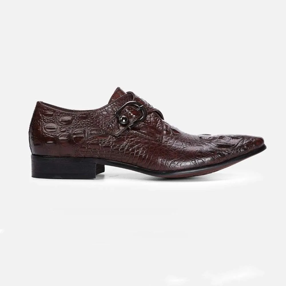 Slip On Monk Strap Work for Men Oxford ShoesGenuine Leather Crocodile Embossed Pointed Toe Block Heel Solid Color