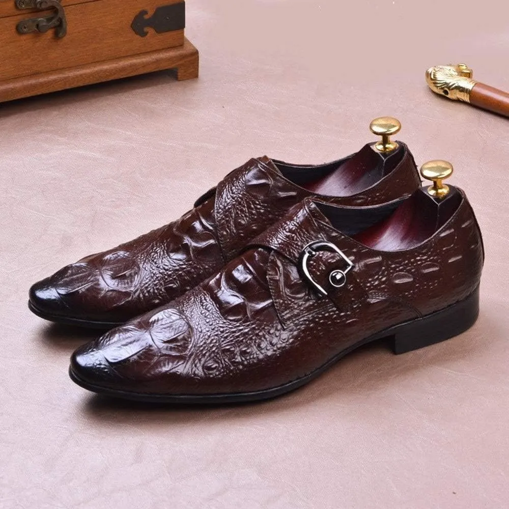 Slip On Monk Strap Work for Men Oxford ShoesGenuine Leather Crocodile Embossed Pointed Toe Block Heel Solid Color