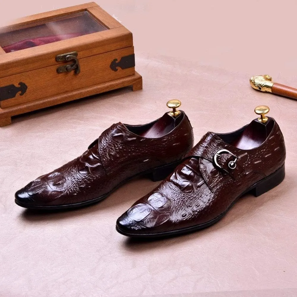 Slip On Monk Strap Work for Men Oxford ShoesGenuine Leather Crocodile Embossed Pointed Toe Block Heel Solid Color