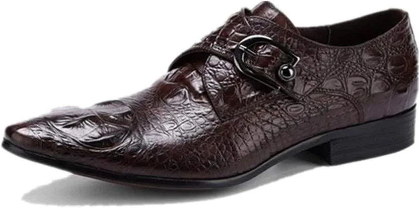 Slip On Monk Strap Work for Men Oxford ShoesGenuine Leather Crocodile Embossed Pointed Toe Block Heel Solid Color