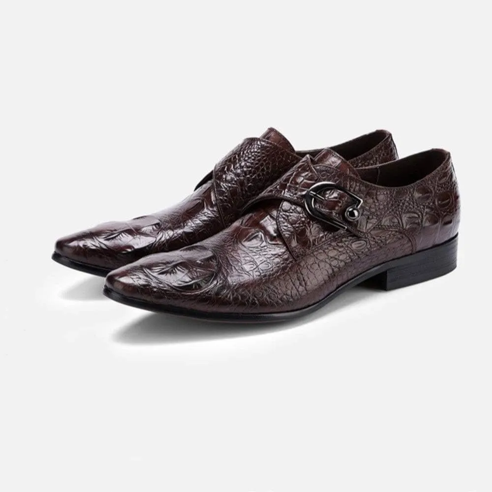 Slip On Monk Strap Work for Men Oxford ShoesGenuine Leather Crocodile Embossed Pointed Toe Block Heel Solid Color