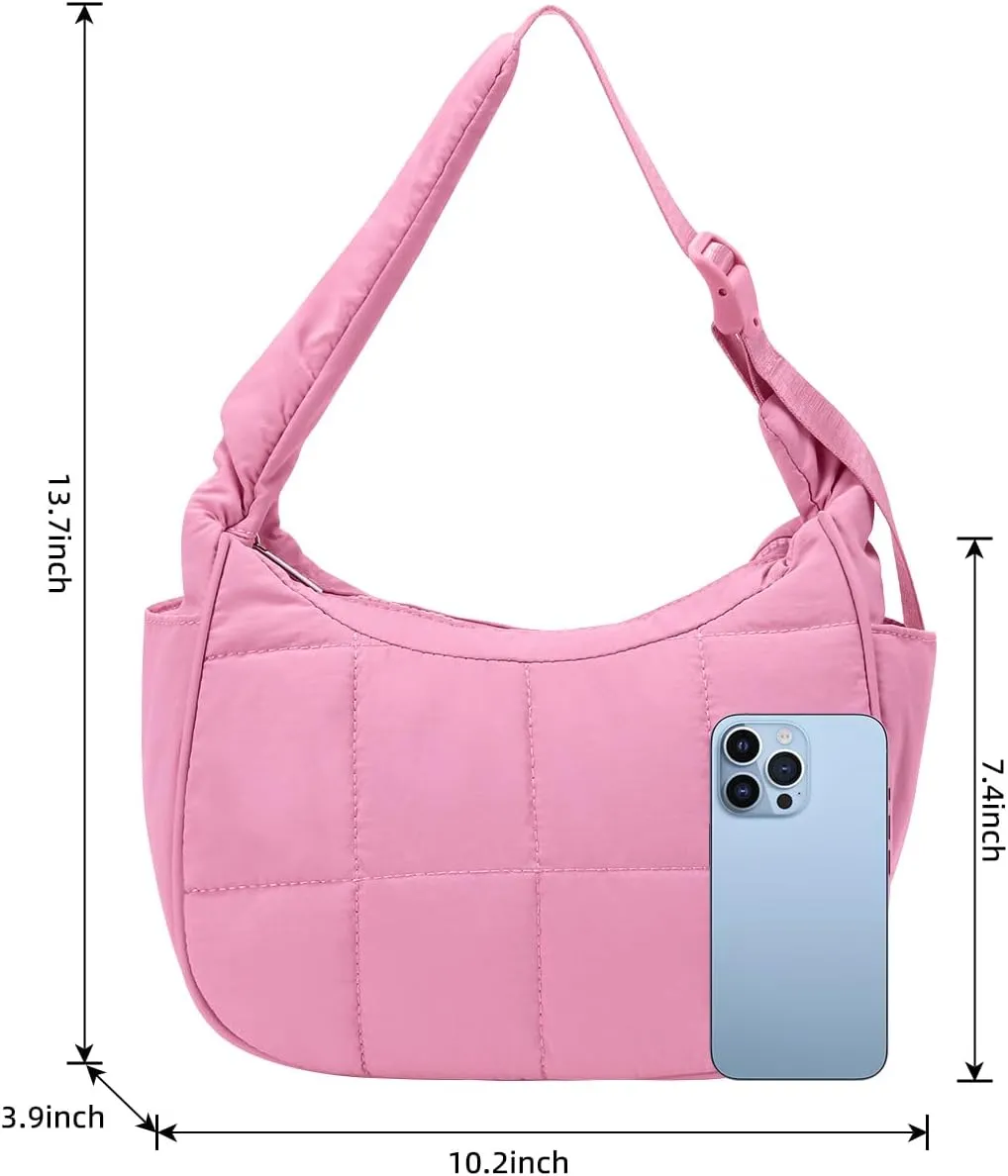 Small Puffer Crescent Underarm Shoulder Bag for Women, Nylon Quilted Purses Handbags with Adjustable Strap