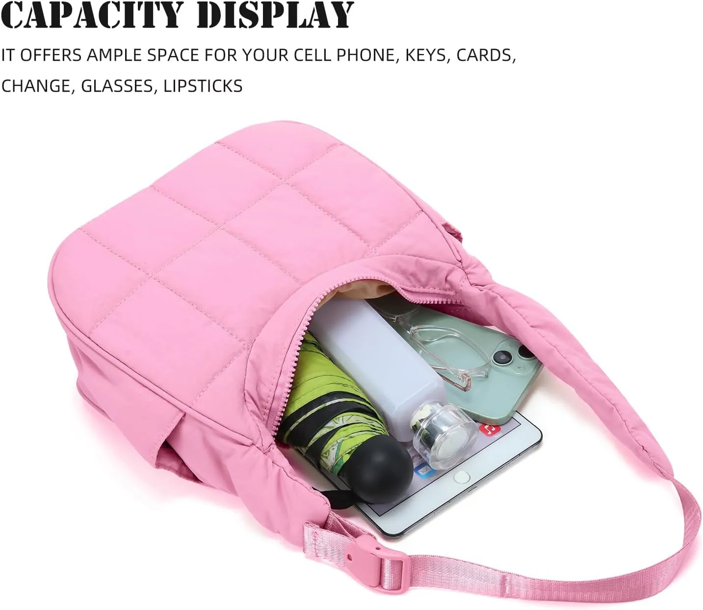 Small Puffer Crescent Underarm Shoulder Bag for Women, Nylon Quilted Purses Handbags with Adjustable Strap