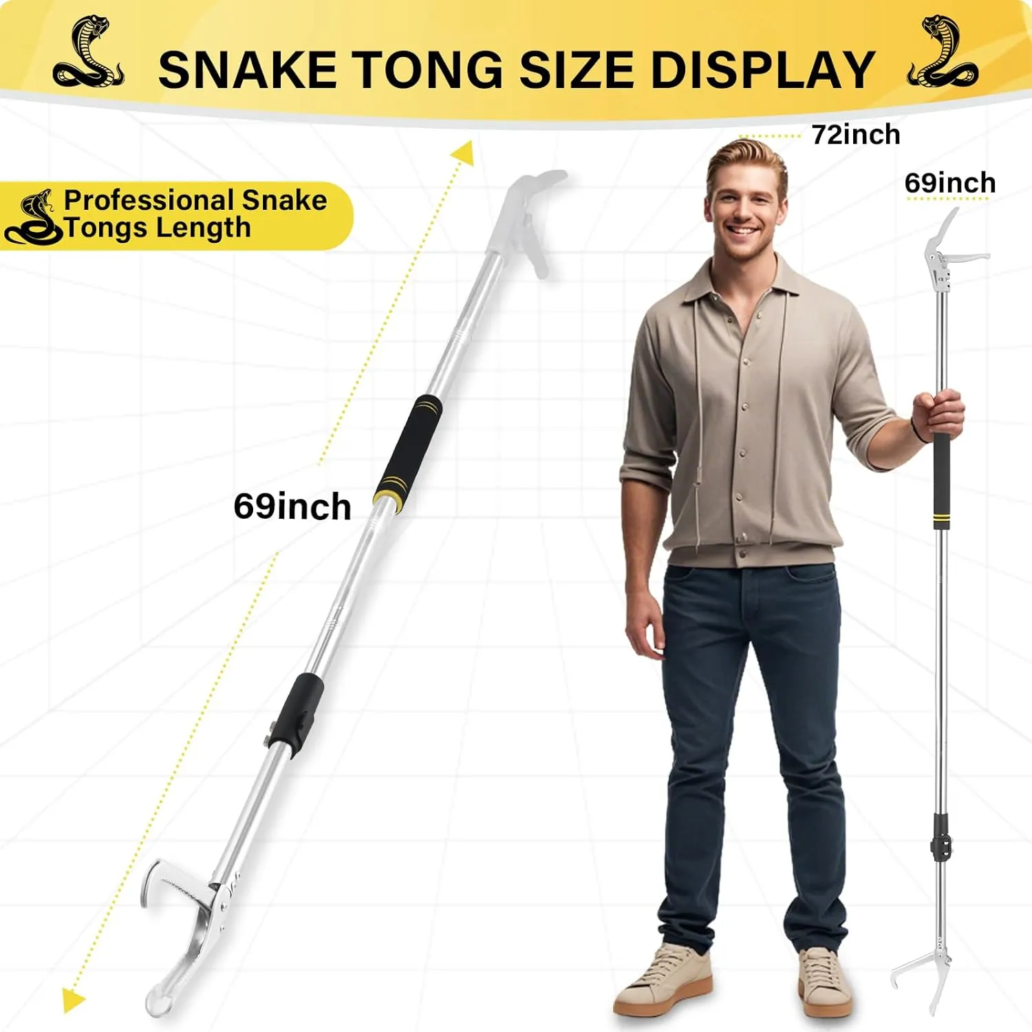 Snake Grabber Tool, 69" Snake Tongs Grabber for Rattlesnake Heavy Duty Professional Folding Snake Feeding Tongs Wide Jaw Snake Handling Tool Long Hndle Stainless Steel Tube Sponge Handle
