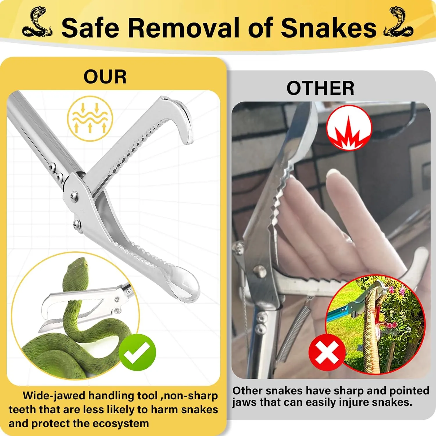 Snake Grabber Tool, 69" Snake Tongs Grabber for Rattlesnake Heavy Duty Professional Folding Snake Feeding Tongs Wide Jaw Snake Handling Tool Long Hndle Stainless Steel Tube Sponge Handle