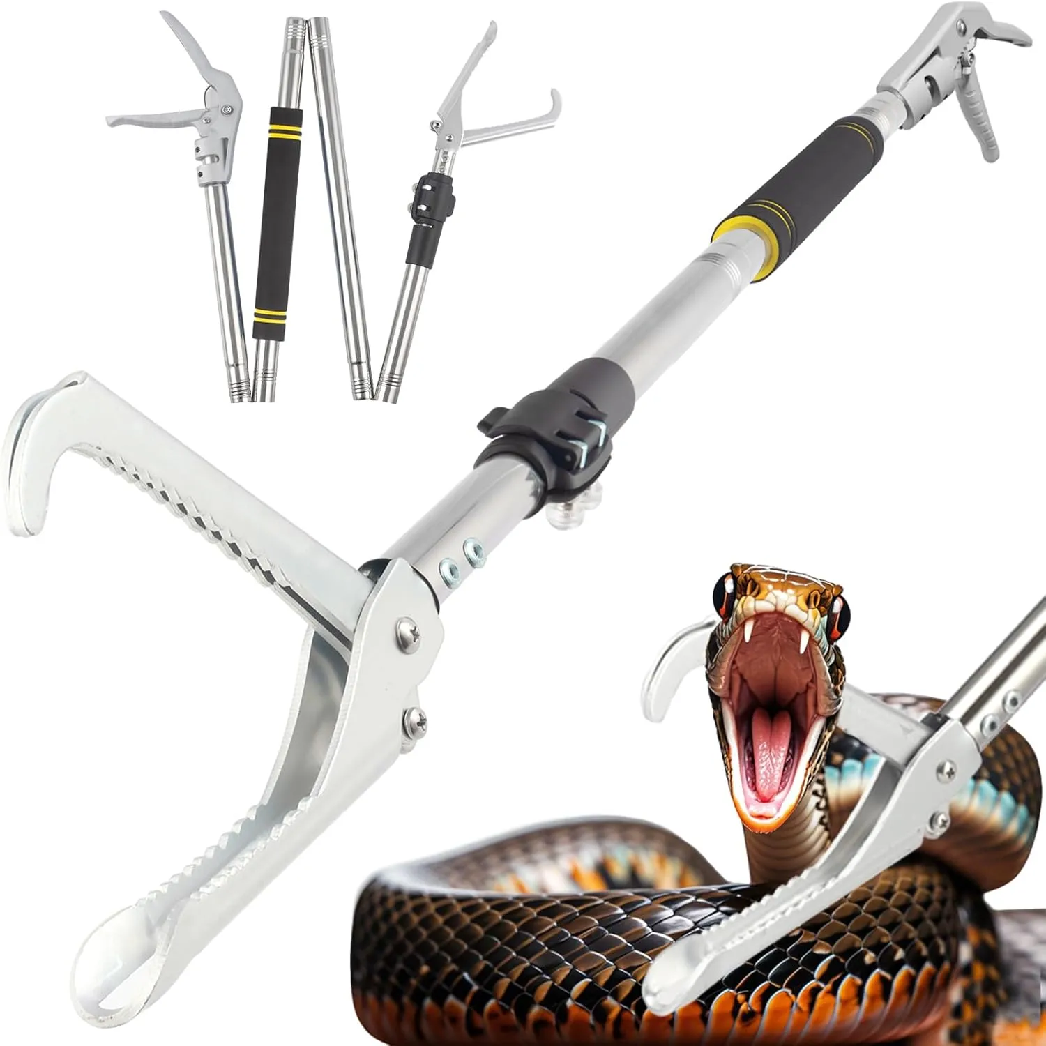Snake Grabber Tool, 69" Snake Tongs Grabber for Rattlesnake Heavy Duty Professional Folding Snake Feeding Tongs Wide Jaw Snake Handling Tool Long Hndle Stainless Steel Tube Sponge Handle