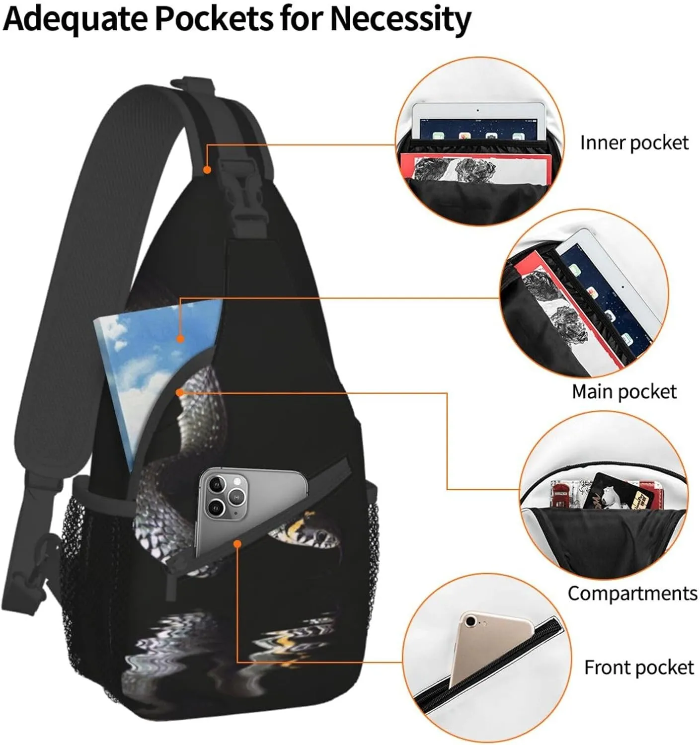 Snake Sling Bag Animal Crossbody Chest Daypack Casual Backpack Snake Shoulder Bag Cool Hiking Bag Horror Bag