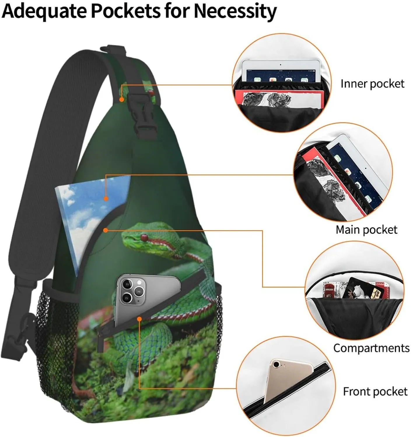Snake Sling Bag Animal Crossbody Chest Daypack Casual Backpack Snake Shoulder Bag Cool Hiking Bag Horror Bag