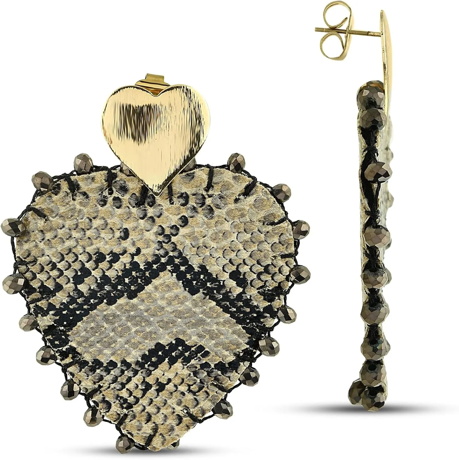 Snakeskin Heart Large Drop Earrings - Animal Print Leather Heart Earrings, 14K Gold Plated Dangle Earrings, Handmade Big Boho Stud Earrings