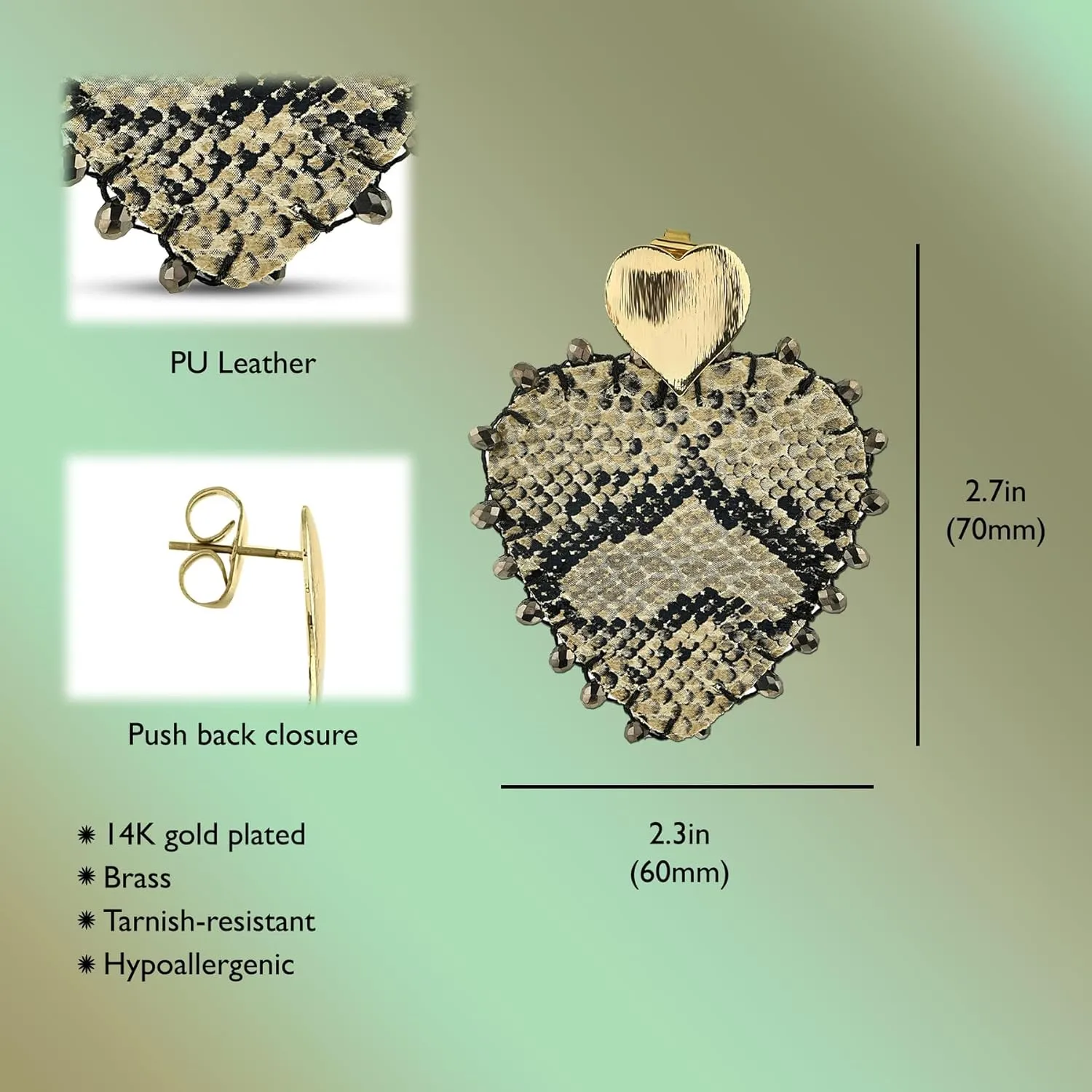 Snakeskin Heart Large Drop Earrings - Animal Print Leather Heart Earrings, 14K Gold Plated Dangle Earrings, Handmade Big Boho Stud Earrings