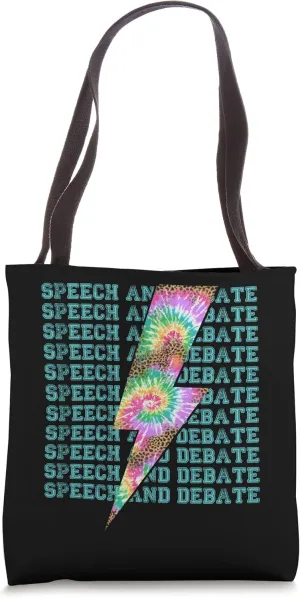 Speech Debate Lightning Bolt Tie Dye Leopard Stacked Words Tote Bag