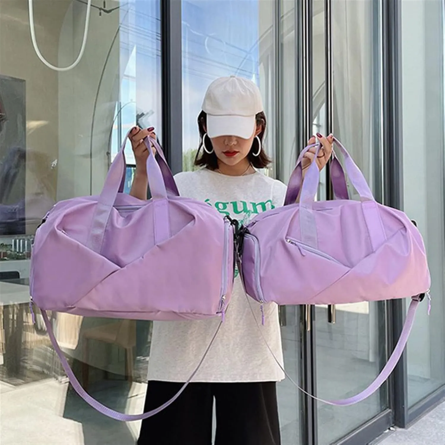 Sports Duffel Bags Gym Travel Bag Women's Nylon Waterproof Yoga Fitness Sport Bags With Shoes Compartment Large Capacity Training Handbag XA193L(Grey)