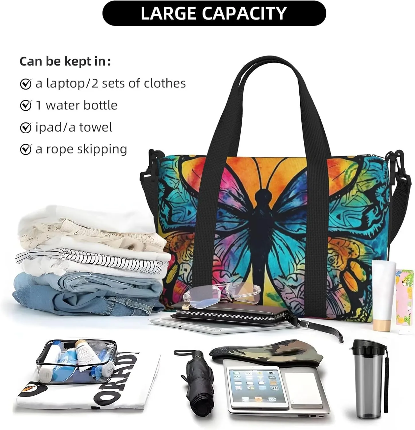 Sports Gym Bag for Women Men Travel Duffel Bag Tote Weekender Bag Carry on Overnight Bag for Travel Swimming Fitness Workout Sports Butterfly Tie Dye Duffle Bag