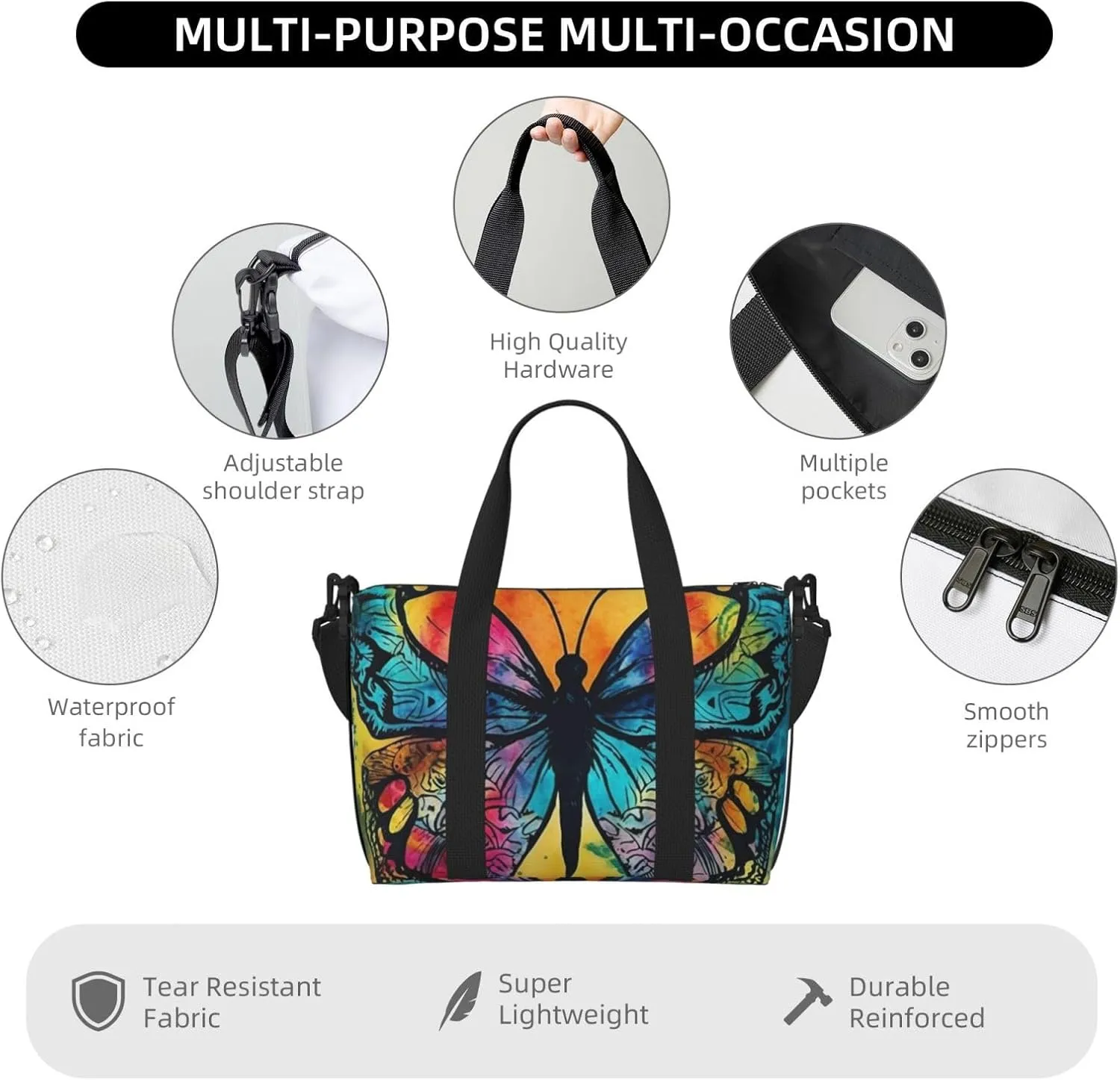 Sports Gym Bag for Women Men Travel Duffel Bag Tote Weekender Bag Carry on Overnight Bag for Travel Swimming Fitness Workout Sports Butterfly Tie Dye Duffle Bag
