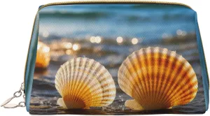 Sunlit Shells Print Cute Small Makeup Bag, Leather Cosmetic Bags for Purse Women Gifts Make Up Organizer Travelling