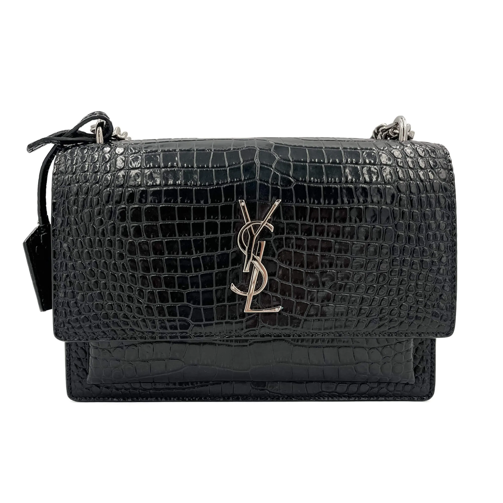 Sunset Crocodile-Embossed Leather Flap Bag Black