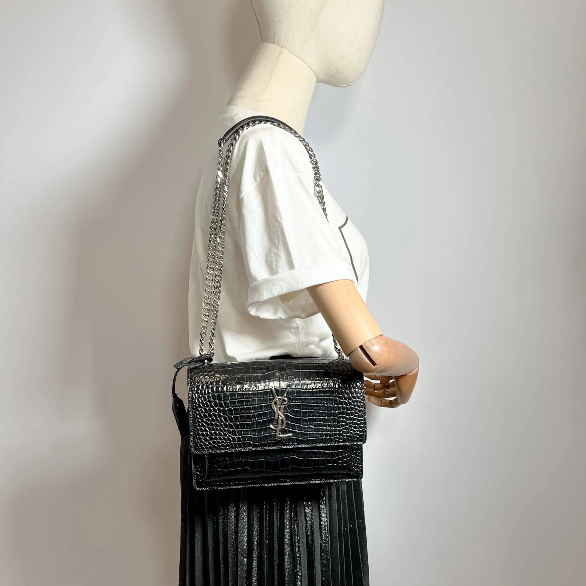 Sunset Crocodile-Embossed Leather Flap Bag Black