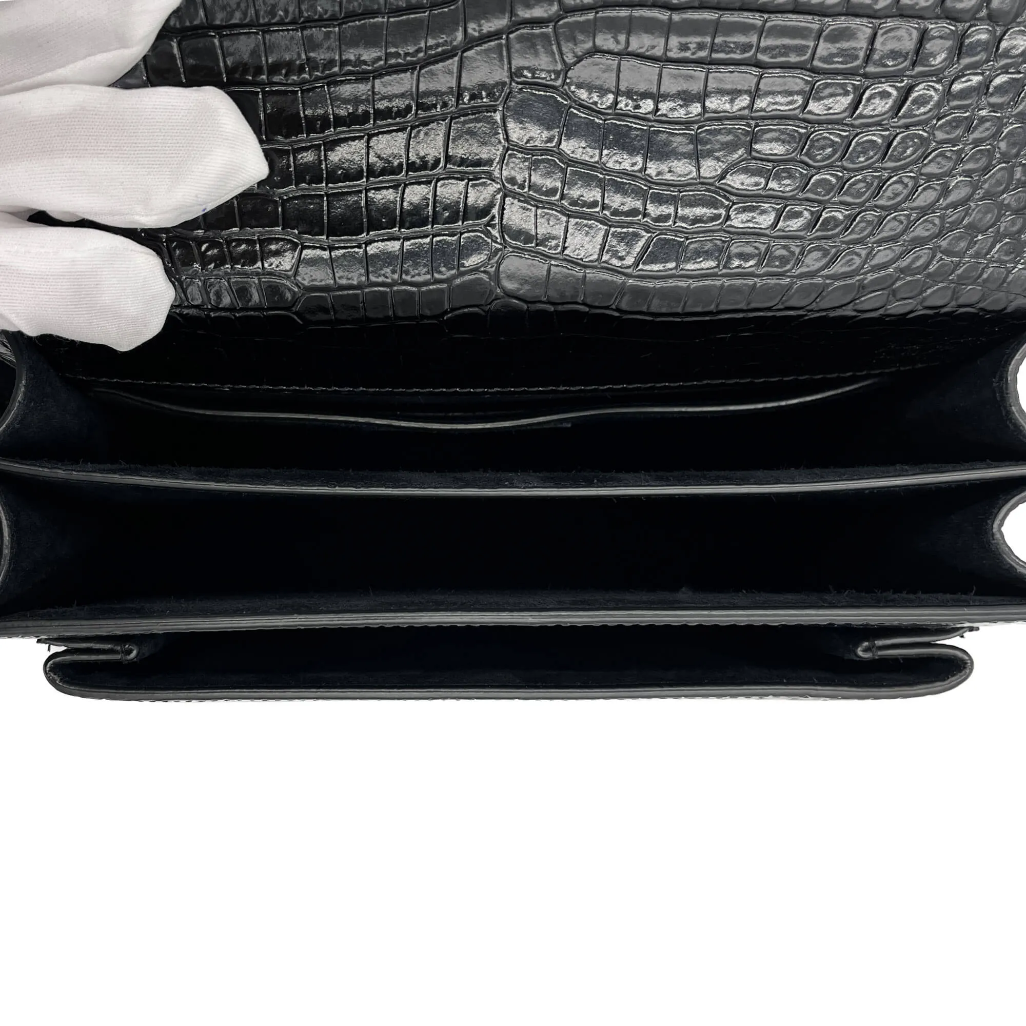 Sunset Crocodile-Embossed Leather Flap Bag Black